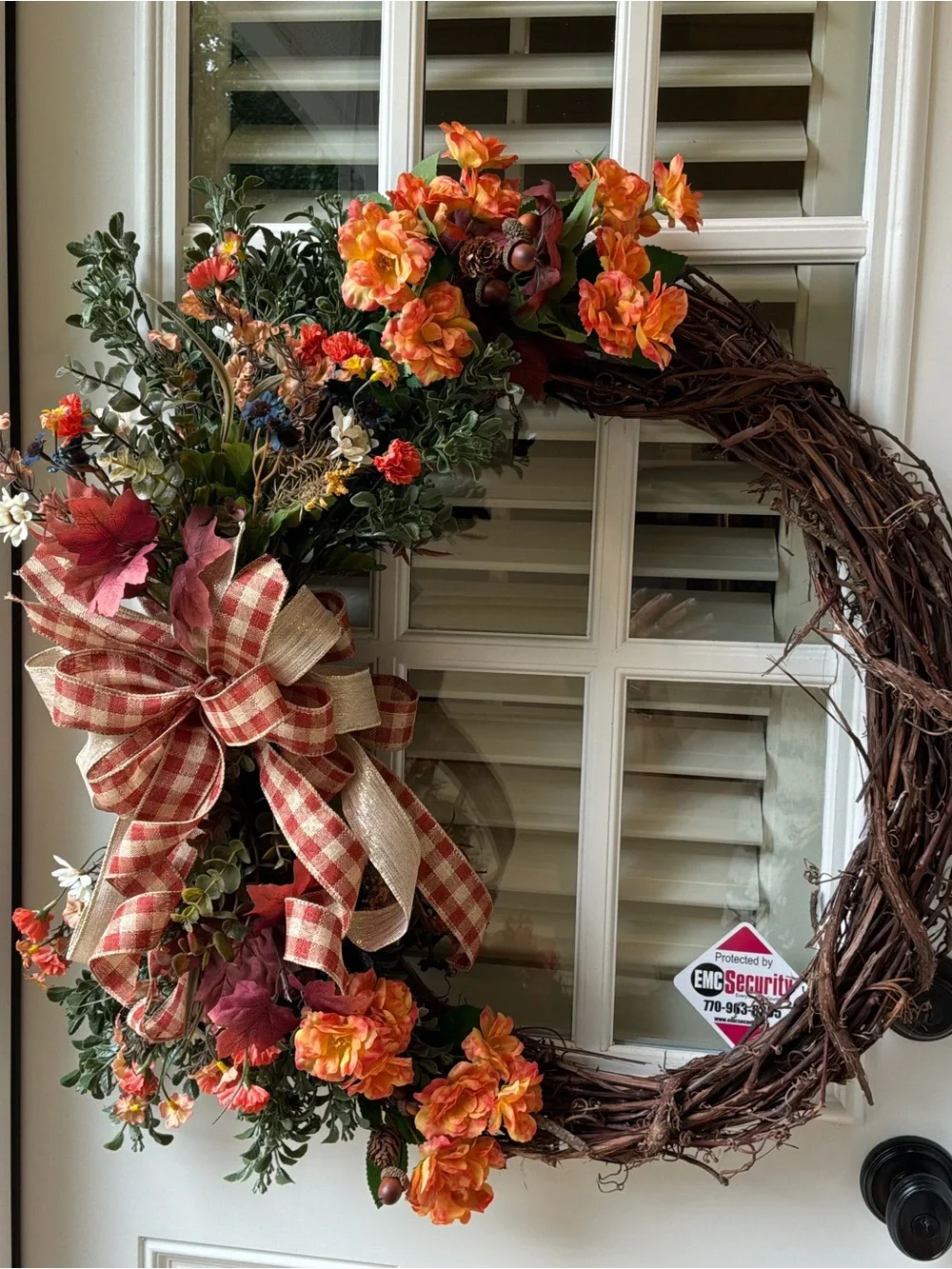 Autumn Orange & Green Grapevine Wreath with Plaid Bow